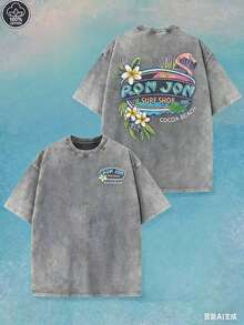 (230 Pure Cotton T-Shirt) Men's T-Shirt, Surf Shop Graphic T - Shirt,Street Style-HD07 - 灰色 - 查看 8