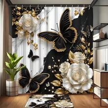 1/4 Set Of Fashionable Marble-Effect Butterfly Shower Curtain Set, Bathroom Decorations And Accessories, Anti-Slip Bathroom Floor Mat, U-Shaped Carpet, Toilet Seat Cover, 70.9*70.9in Shower Curtain Cord, 12 Durable Hooks, Exquisite Holiday Gift - G - View 3
