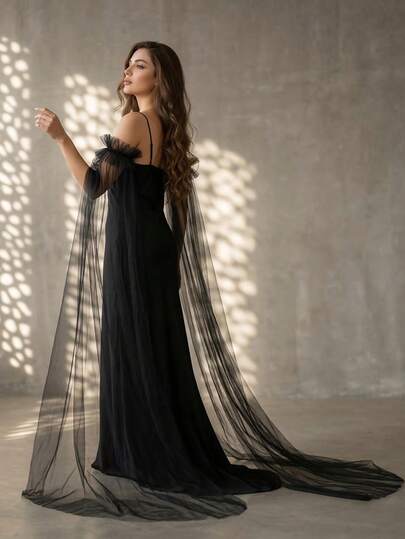 1 对黑色薄纱长款拖尾袖口，女士婚礼派对正式场合礼服配饰，时尚服装装饰