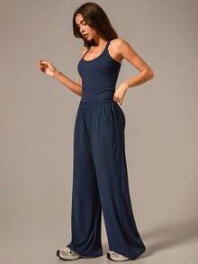 NcmRyu 1 Set Women Spaghetti Strap Ribbed Camisole & Wide Leg Pants Sports Suit - Navy Blue - View 8