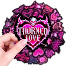 50 PCS Pink Gothic Heart Stickers, Devil Horns Skull & Thorn Design Vinyl Decals, Alternative Aesthetic Waterproof Stickers For Adults, Perfect For Laptops, Water Bottles, Skateboards, Journals, Phone Cases, Punk & Emo Style Decor Supplies, DIY Craft Accessories For Goth Fans - Multicolor - View 2
