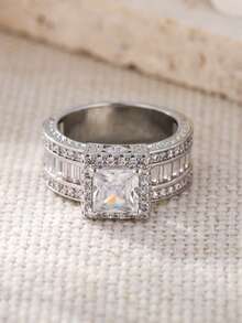 闪亮光环戒指，镶嵌方形切割合成立方氧化锆，优雅订婚戒指，适合女性和女孩，情人节珠宝 - 銀色 - 查看 5