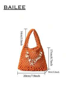 BAILEE 1 Set Polyester Crochet Mesh Bottom Multi-Color Solid Knitted Tote Bag, Quilted Pattern, Lightweight Portable Large Capacity Cute Fashion Beach Bag, Suitable Women, Young Professionals, Teachers/Girls - Orange - 查看 12