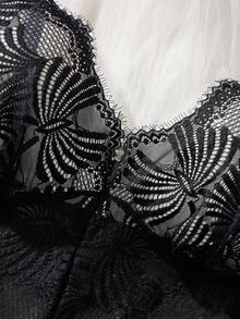1pc Black Sheer Mesh Floral Lace Deep V-Neck Jumpsuit - Black - View 6