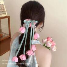 A Single-Pack Lily Of The Valley Tulip Hair Tie Adorned With Dangling Satin Ribbon - A Dreamy Accessory For Women - Hồng - Xem 8