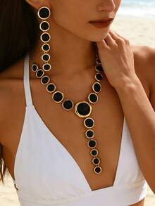 Bộ trang sức nữ 2 món - Dây chuyền và hoa tai hình chữ Y kết hợp xoắn ốc bất đối xứng màu đen hình bầu dục bằng acrylic, phong cách cổ điển thanh lịch, thích hợp đeo hàng ngày, ngày lễ, tiệc tùng - bạc + đen - Xem 22