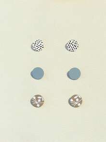 3 Pairs Polka Dot & Leaf Print Acrylic Earrings, Cute Round Earrings With Ceramic Texture For Girls - Multicolor - View 5