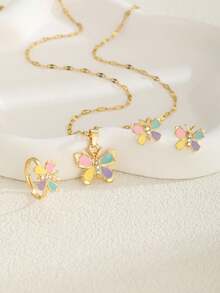 4pcs Cute Delicate Butterfly Zirconia Inlaid Pendant Necklace, Earrings, Ring Jewelry Set, Perfect Gift For Graduation, Family And Friends - Multicolor - View 2