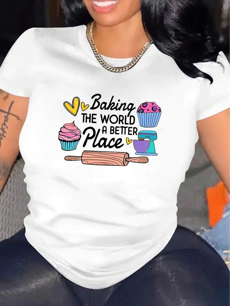 Women's Casual Sports T-Shirt, Round Neck, Short Sleeve, Cake Making Pattern Print, Comfortable Holiday Summer Top - trắng - Xem 1