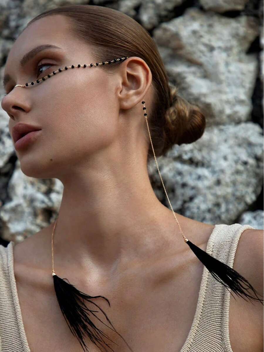 1pc Gold Party Outfit Black Beaded Face Chain, Black Feather Tassel Nose Ring Clip-On Accessory - Gold - View 1
