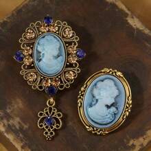 2 pezzi Set di spille vintage di lusso stile palazzo con testa di donna in rilievo, spilla vintage glamour per cappotto, maglione, tailleur, adatta per occasioni formali, feste, vacanze, regali - Blu - Visualizzare 2