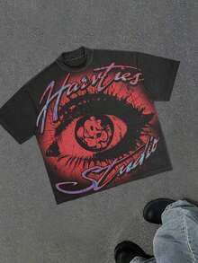 Y2K T Shirts Men, Retro Saints Angel And Eye Aesthetic Graphic, 100% Cotton Crew Neck, Oversized Streetwear, Urban Harajuku, Big And Tall,   For Men - 黑色 10 - 查看 1