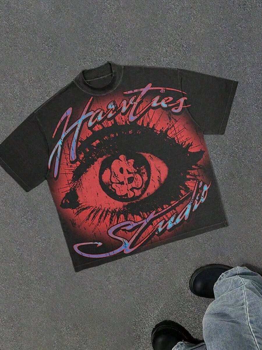 Y2K T Shirts Men, Retro Saints Angel And Eye Aesthetic Graphic, 100% Cotton Crew Neck, Oversized Streetwear, Urban Harajuku, Big And Tall,   For Men - 黑色 10 - 查看 1