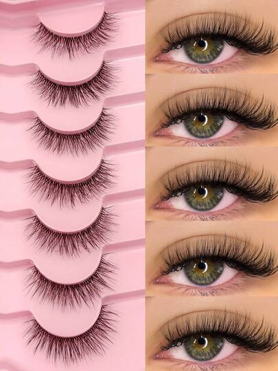 Asiteo 7对自然妆效假睫毛，轻盈柔软蓬松3D仿貂毛假睫毛，适合日常妆容，可重复使用，旅行必备，派对妆容工具