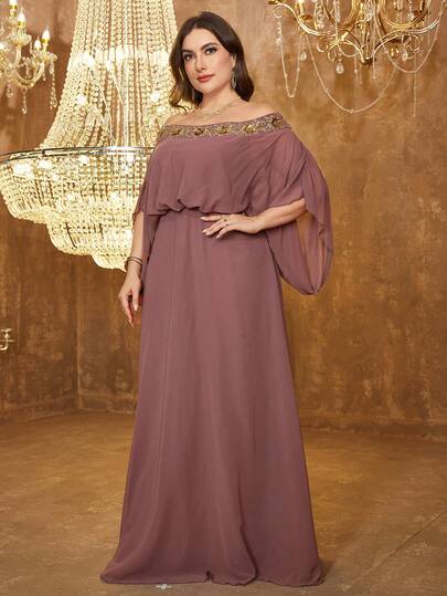 SUPGIR 露肩蝙蝠袖连衣裙，饰以奢华亮片刺绣拼接，飘逸裙摆，正式晚礼服