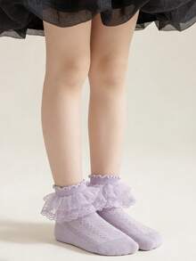 6 Pairs Cotton Solid Color Children Lace Ruffle Dance Princess Fashion Versatile Party Socks - Multicolor - View 5