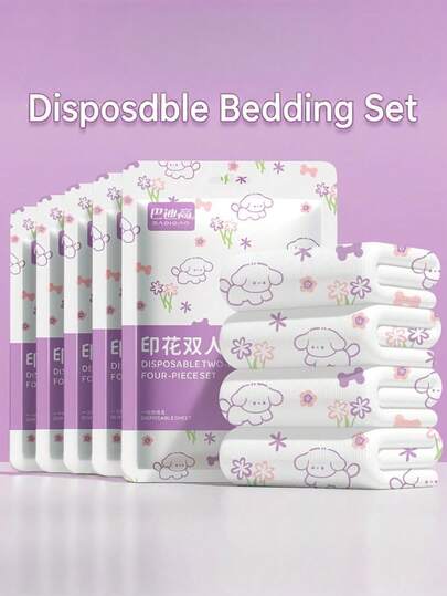 Portable Disposable Bedding Set, Purple Puppy Print, Travel Hotel Disposable Bedding Set, Includes Bed Sheet + Duvet Cover + Pillowcase, Disposable, Clean, Convenient, Hygienic