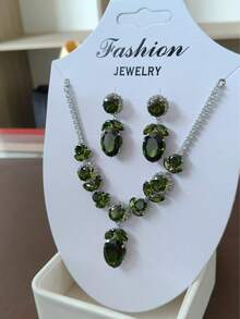 “绯红花园”锆石首饰套装，奢华复古红/绿锆石项链和耳环，适合搭配晚礼服 - 彩色 - 查看 5