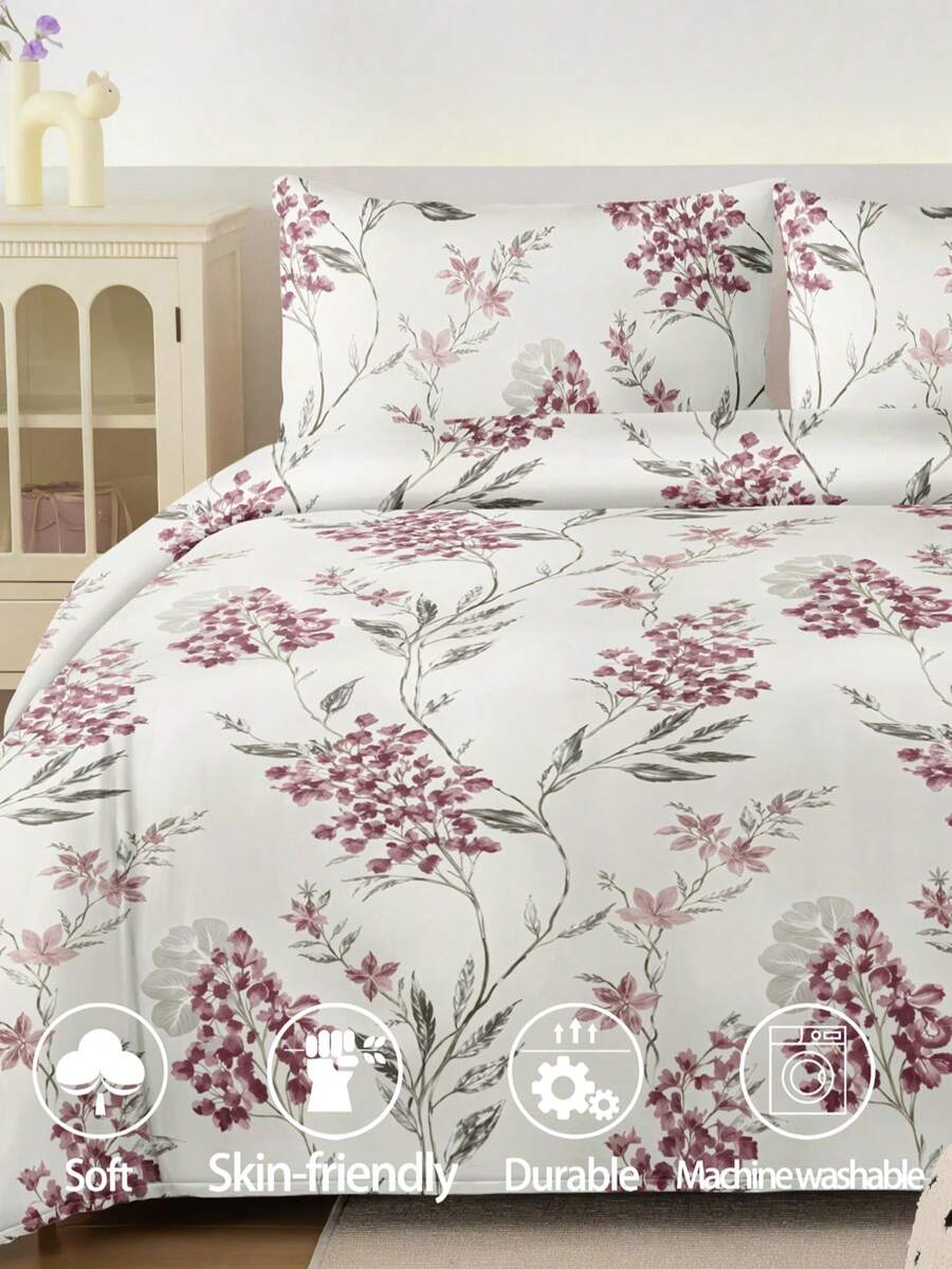2/3件套植物绿叶粉色花卉图案被套床品套装,柔软透气,不易起皱,提升睡眠质量,奢华酒店风格,送给父母朋友的礼物,双面双色绗缝被套*1,枕套*1/2,特大号、大号、标准双人床、单人床尺寸 - 彩色 - 查看 1