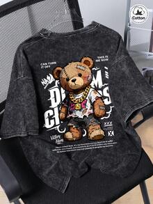 Áo thun nam Hemo, họa tiết gấu phong cách hip-hop đường phố, chất liệu cotton pha, hơi co giãn, cổ tròn, tay ngắn, màu đen, kiểu dáng thoải mái hàng ngày. - màu đen - Xem 1