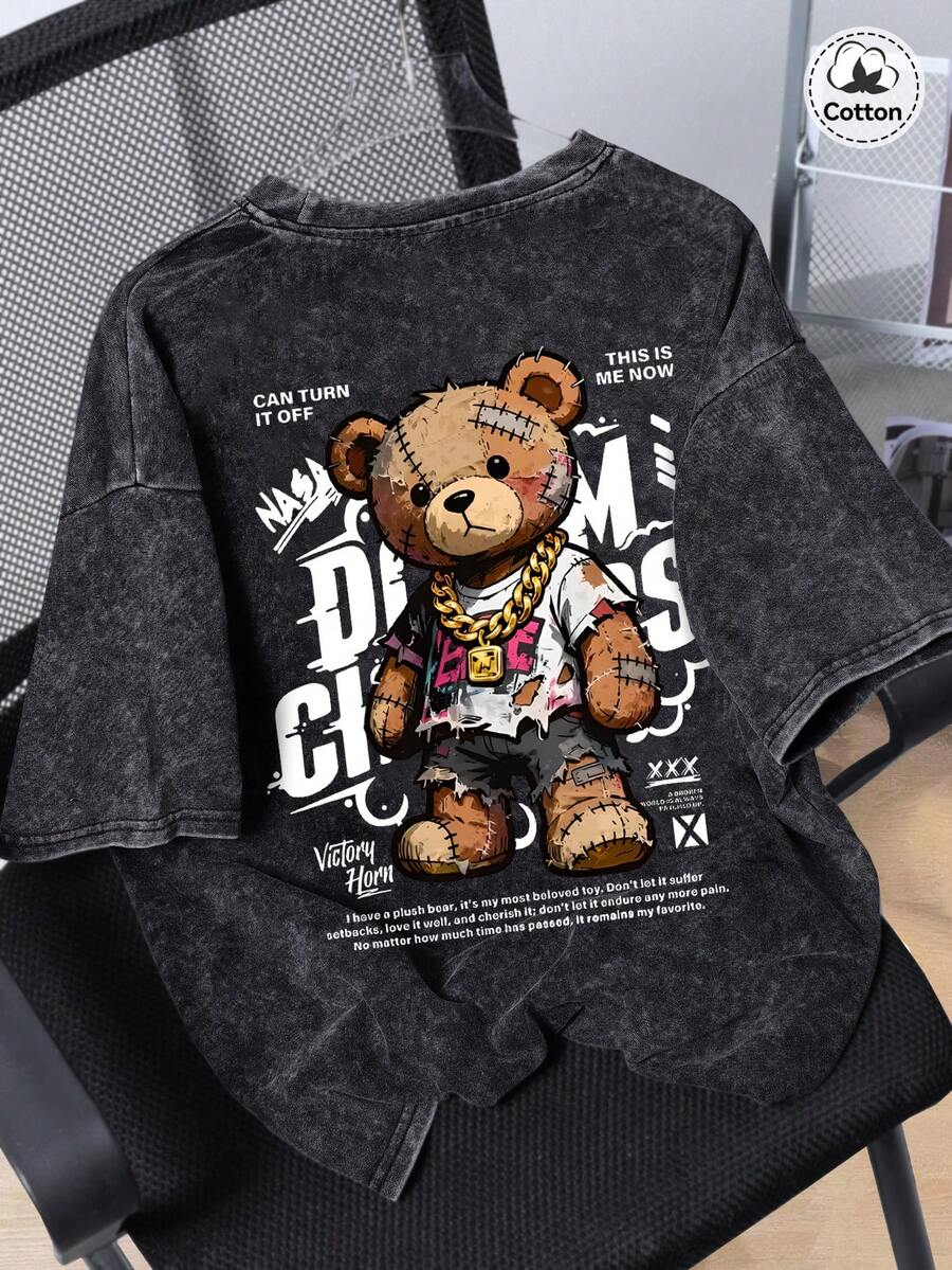 Áo thun nam Hemo, họa tiết gấu phong cách hip-hop đường phố, chất liệu cotton pha, hơi co giãn, cổ tròn, tay ngắn, màu đen, kiểu dáng thoải mái hàng ngày. - màu đen - Xem 1