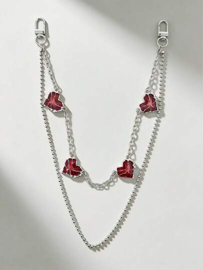 1pc Y2K Double-Layer Silver Pant Chain With Red Heart Pendant, Cute Streetwear Style Chain, Y2K Pant Chain, Double-Layer Metal Waist Chain, Red Heart Pendant, Enamel Heart Charm, Punk Accessory, Wallet Chain, Ball Chain, Thick Chain Link, Women's Jewelry, Girly Accessory, Bag Charm, Music Festival Outfit, Streetwear Style, Birthday Gift, Mother's Day Gift, Father's Day Gift