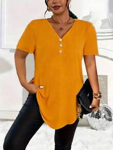 New Casual Plus Size Solid Color V-Neck Button Short Sleeve Summer - Burnt Orange - View 1
