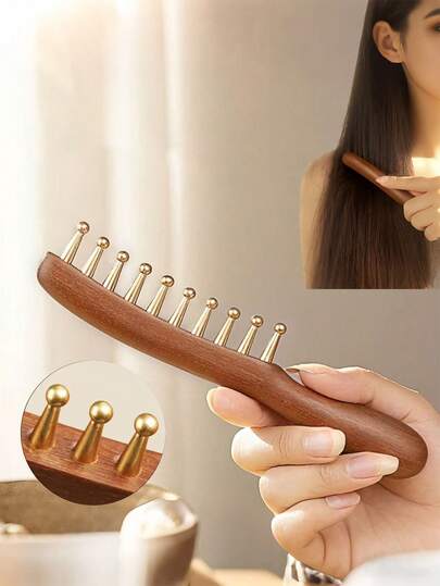 1pc Head Massage Tool Wide Tooth Comb Vintage Style Sandalwood Massage Comb - 100% Solid Brass Teeth That Won't Chip, Promotes Blood Circulation & Shiny Hair
