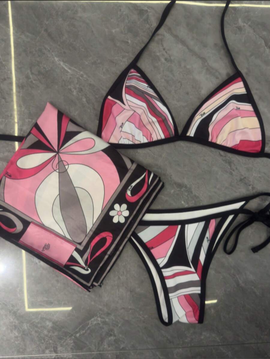 2026 New Retro Abstract Print Bikini Set Pink Black Color Block Tie-Up Beach Vacation Swimsuit - màu đen - Xem 1
