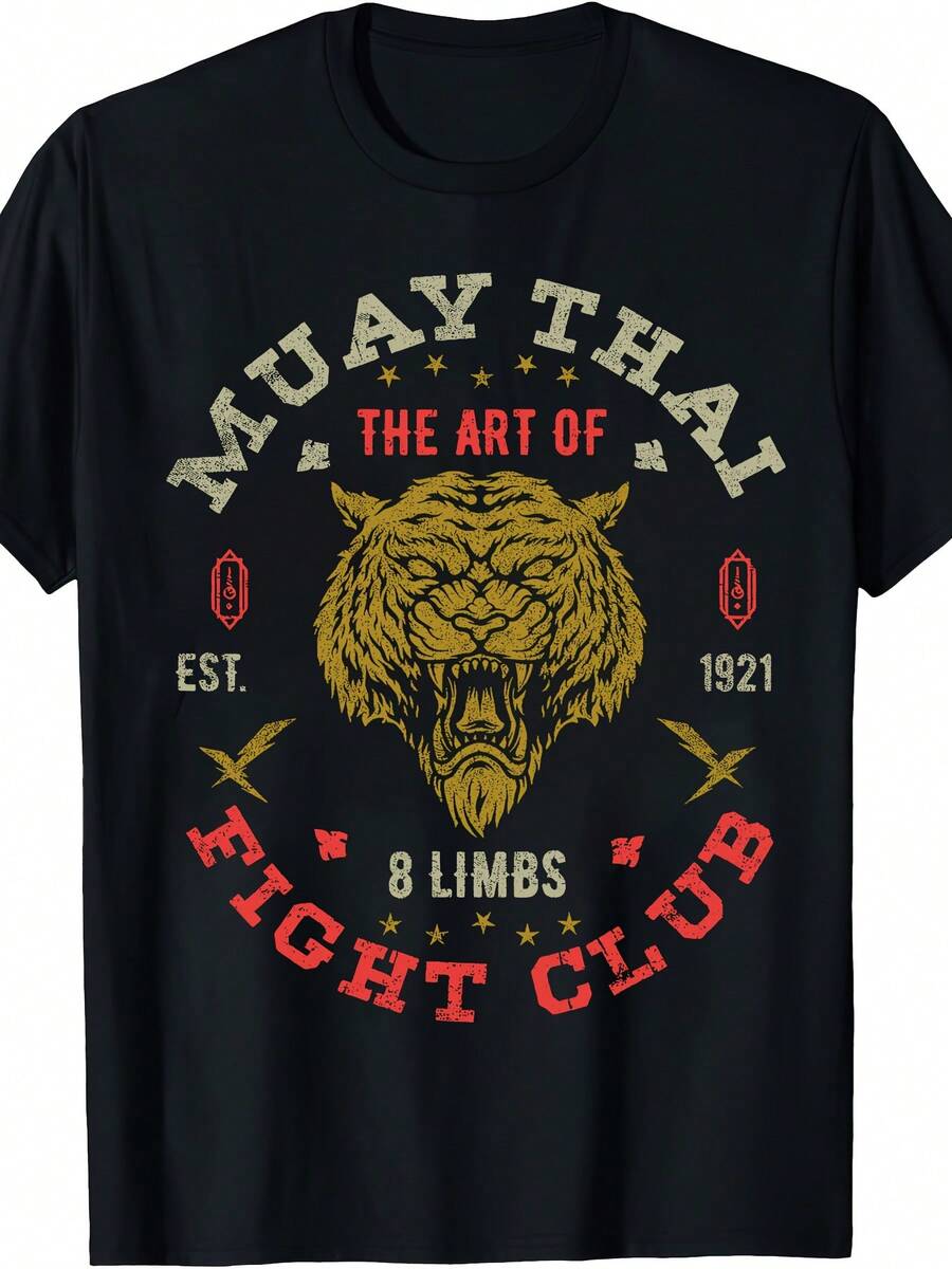 2026 Cool Short-Sleeve Muay Thai Athlete Retro T-Shirt, Double Tiger Pattern Eight-Panel T-Shirt Y2k - Black - View 1