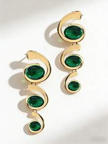1 Pair Women's Luxury Green Rhinestone Earrings, European And American Style Metal Curved Earrings, Unique Long Dangle Earrings - Yellow Gold - View 2