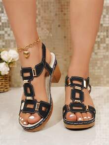 Plus Size Women's Retro Solid Color Buckle Platform Wedge Sandals,Summer Shoes - Black - View 5
