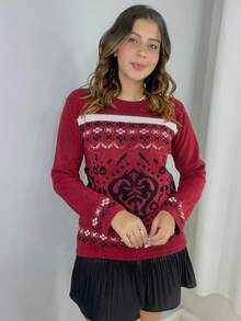 Women's Long Sleeve Knit Sweater For Winter With Geometric Pattern And Mousse Fabric - Red - View 2