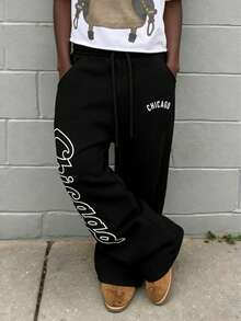 Men's Drawstring Design Printed Casual Pants, Comfortable Breathable Leisure Trousers - Black - View 6