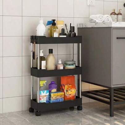 1pc Black Small Rolling Storage Rack, Floor-Standing, Multi-Tier Design, Suitable For Bathroom, Toilet, Gaps, Living Room, Kitchen And Other Spaces, Layered Storage Rack, Small Rolling Storage Rack, Home Bathroom Decor, Bathroom Storage And Organization Rack