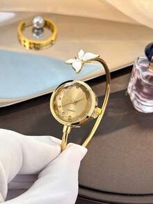 Women's Fashion Watch, Butterfly Decorated Strap, Round Rhinestone Dial, Minimalist Quartz Movement, Suitable For Easter, Halloween, Christmas, Mother's Day, Back To School, Student, Birthday, Holiday, Valentine's Day, Date, Business, Daily Wear, Gift, Music Festival, Wedding Season - Gold - View 2