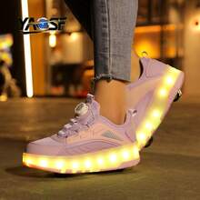 YAOSF品牌LED发光轮滑鞋,高级LED轮滑鞋,升级版,适合儿童和青少年,发光鞋带,可伸缩轮子,滑板鞋,时尚发光休闲运动鞋 - 紫色 - 查看 8
