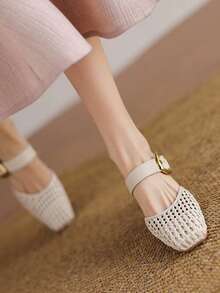 2026 New Woven Leather Closed Toe High Heel Sandals, Women Summer Slip-On Mules - Beige - View 3