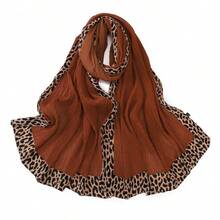 1pc Boho Style Women's Solid Color Hijab, With Leopard Print Border And Pleated Details, Suitable For All Seasons, Versatile, Can Be Used As A Scarf, Headwrap, Cape, Shawl, For Daily Wear Or Special Occasions, Can Also Be Used As A Clothing Accessory, Windproof And Sunscreen.,Beach,Holiday - Multicolor - View 9