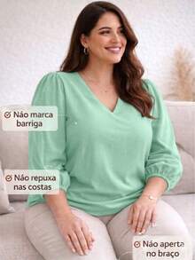 Women's 3/4 Sleeve Blouse In Duna Crepe, Elegant, Workwear, Plus Size (GG, G1, G2, G3), Evangelical Fashion - Mint Green - 薄荷綠 - 查看 5