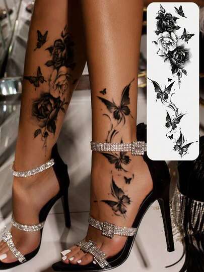 6张/套黑色花朵蝴蝶图案临时纹身贴纸，逼真防水，适用于女性手臂/腿部/胸部身体艺术素描纹身贴纸