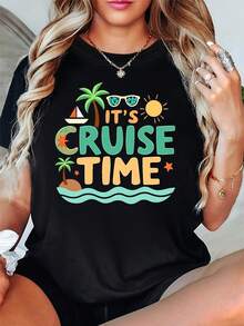 Its Cruise Time T Shirt Tropical Print Palm Tree Sun And Ship Design Casual Round Neck Short Sleeve Tee Perfect For Cruise Vacations Summer Trips Travel Lovers Fun Vacation Themed Wear - 黑色 - 查看 6
