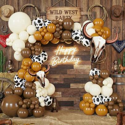 135pcs Western Cowboy-Themed Balloon Arch Kit, Featuring Sand-White, Brown, And Cow-Print Latex Balloons. Perfect For Farmhouse Or Barn Parties, Birthday Celebrations, Outdoor Gatherings, And Various Rodeo Or Farm-Themed Events.
