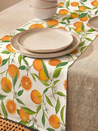1 pieza Camino de mesa de lino con estampado de naranja fresca, adecuado para fiestas, cumpleaños, cenas, decoración de cocina y comedor, cubierta de aparador/gabinete, decoración textil para el hogar en todas las estaciones