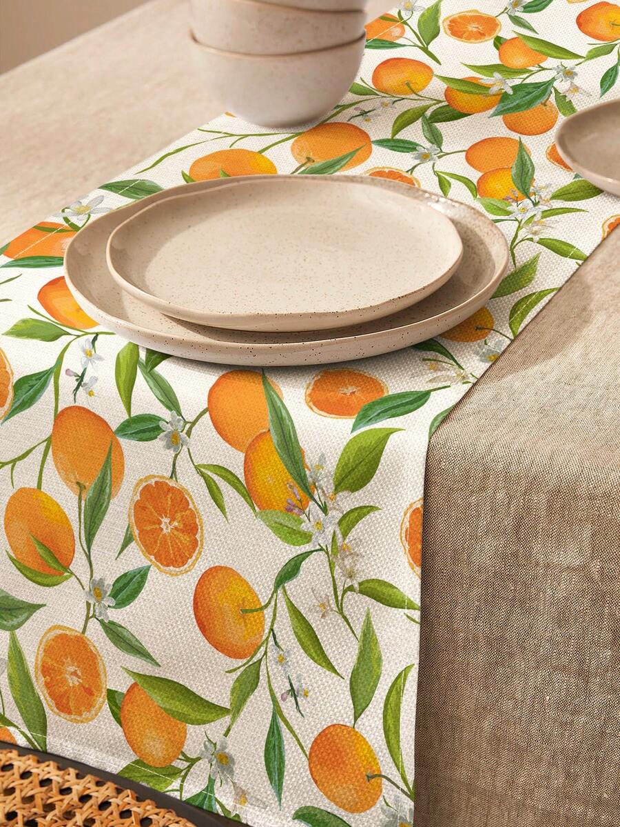 1pc Fresh Orange Fruit Pattern Linen Table Runner, Suitable For Holidays, Parties, Birthdays, Dinners, Kitchen & Dining Room Decor, Dresser/Cabinet Cover, All Season Home Textile Decoration - Multicolor - View 1