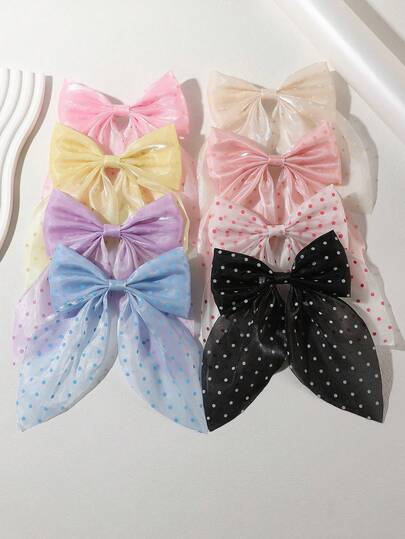 8pcs Mesh Bow Hair Clips, Polka Dot Printed Delicate Design, Suitable For Spring Outings, Gatherings, Beach Photos, And Daily Wear As Versatile Hair Accessories For Girls