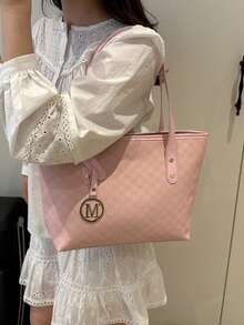 New Lightweight Tote Bag For Women With Rivet Decor, Large Capacity Suitable For Commuting, Shopping, Office, University - Pink - View 5