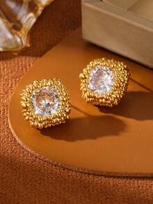 1 Pair Women's Elegant Synthetic Zirconia Retro Earrings, Sophisticated Square & Round Flower Stud Earrings, Suitable For Daily, Business, Vacation, Wedding, Party Wear, Anniversary, Ramadan, Mother's Day, Valentine's Day Jewelry Gift - Square Diamond Flower Stud Earrings - View 8