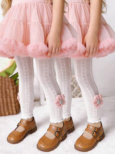 2条装女童紧身打底裤，花卉图案七分网眼裤，新款春夏防蚊紧身裤，适合日常公主风穿搭