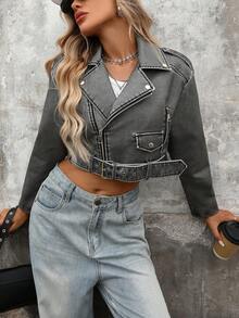 Women's Faux Leather Cropped Jacket Lapel Zipper Biker Short Bomber Moto Coat With Belt - Faded Gray - View 5
